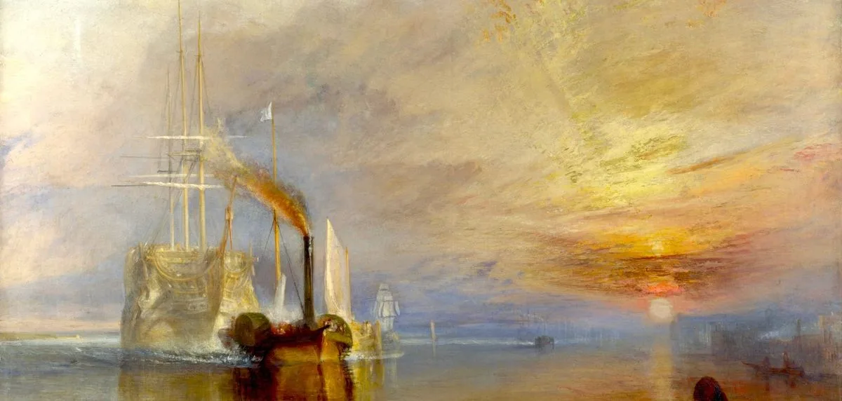 J. M. W. Turner’s “The Fighting Temeraire”: a steam tug tows an old warship at sunset