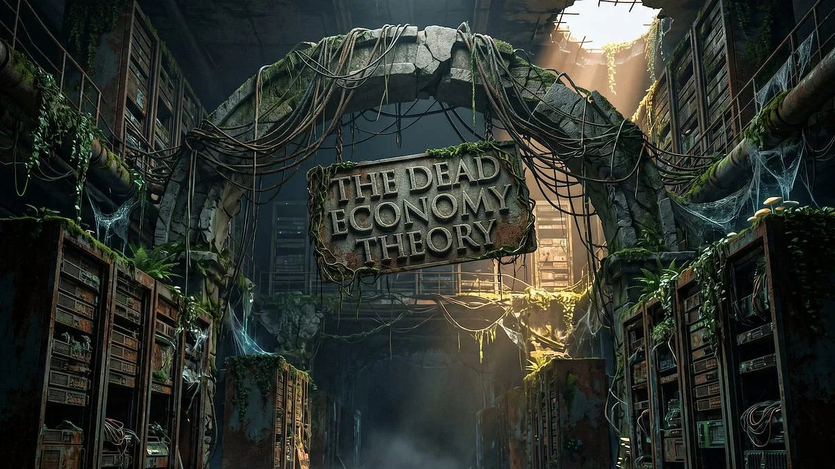 Overgrown server hall with a rusted sign reading “The Dead Economy Theory”